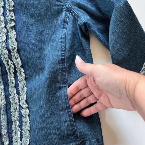 Ruby Rd Petite Blazer Denim Jacket Women's Size 8P  3/4 Sleeves Fringe Trim Blue - Picture 6 of 10